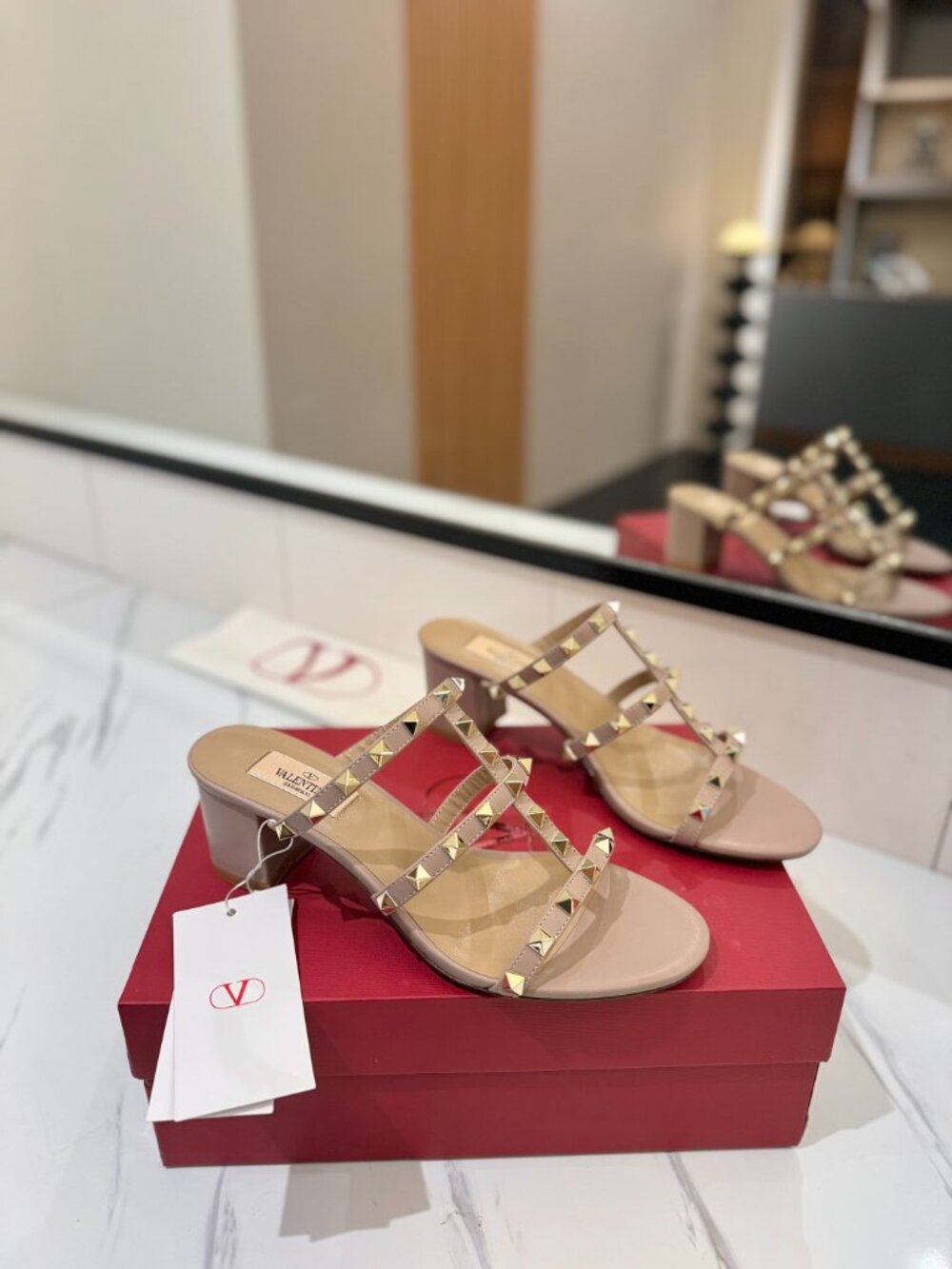 Valentino Rockstud Triple Strap Chunky Block Heel Slide Mules